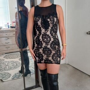 ALT B Pencil Mini Short Dress Sleeveless Lace Front/ Mesh Spandex Party Blk M